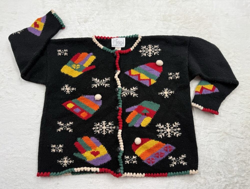 Vintage Miso Wool Sweater Button Up Holiday Snowflakes Mittens Black Size Small